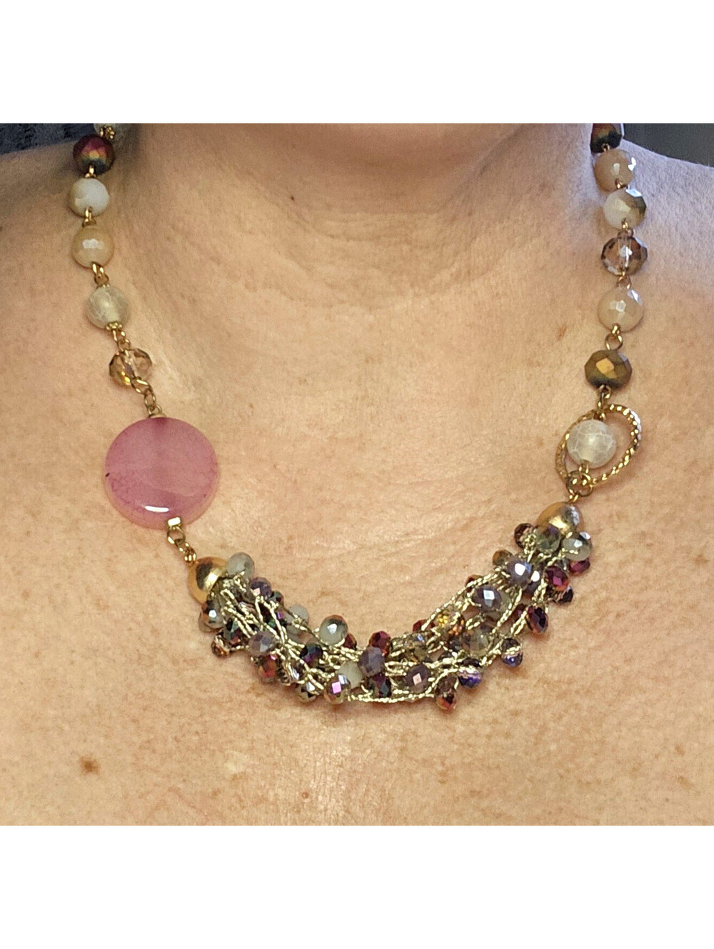 Vintage Chunky Gemstone & Crystal Bead Statement Necklace Adjustable Pink Brown